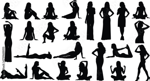 Collection of Black Female Silhouettes Posed in Various Sitting Lying and Standing Positions