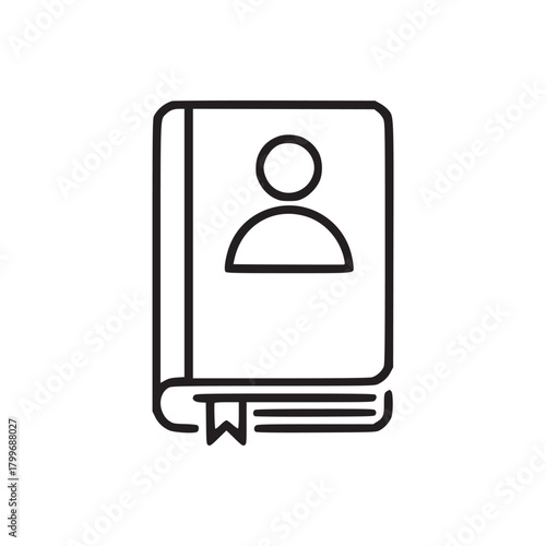 Outline drawing of a book with a person icon on the cover and a bookmark sticking out the bottom