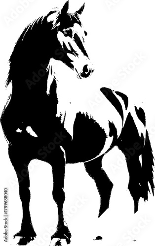 A dynamic black silhouette of a horse  exuding grace and strength against a clean white backdrop