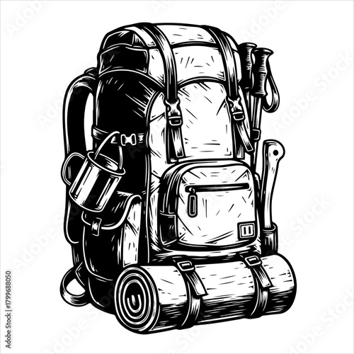 A detailed black and white illustration of a hiking backpack packed with camping gear like a sleeping bag, poles, and an axe.