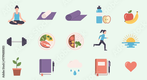 Wellness lifestyle elements promoting healthy habits for fitness, nutrition, and mindfulness, a guide to a balanced lifestyle, originally a scalable graphic