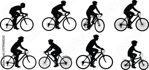 Collection of black silhouettes of cyclists on bicycles black and white sport