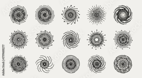 Dynamic collection of swirling galaxy designs, perfect for space themed branding, cosmic events, and astronomical projects, originally a scalable vector graphic