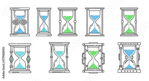 Modern hourglass collection symbolizing time passing, project deadlines, and efficient time management for business and life