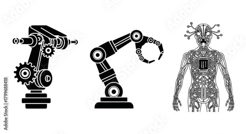 Dynamic robotic arms and intricate cyborg anatomy represent future technology and automation, perfect for innovation concepts