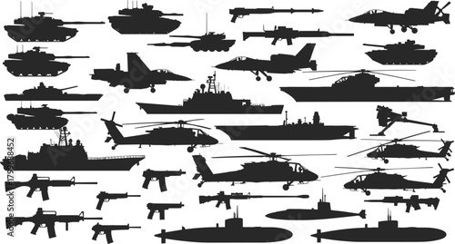 Collection of Black Silhouettes of Military Vehicles and Weapons tank fighter jet