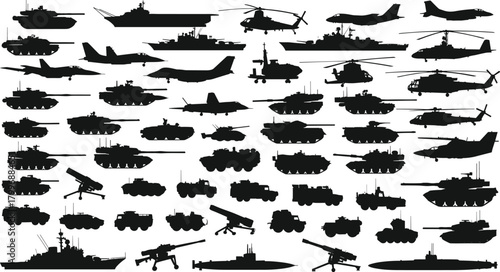 Collection of black silhouettes of military vehicles and aircraft tank helicopter
