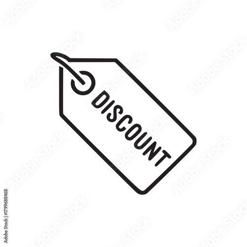 A simple black and white line drawing of a discount tag on a plain white background in a minimalist style