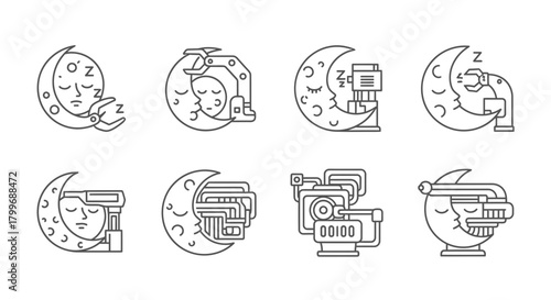 Whimsical robotic moons dreaming of sleep and technology, perfect for modern concepts