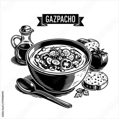 A vintage black and white illustration of a bowl of Spanish gazpacho soup with its fresh ingredients.