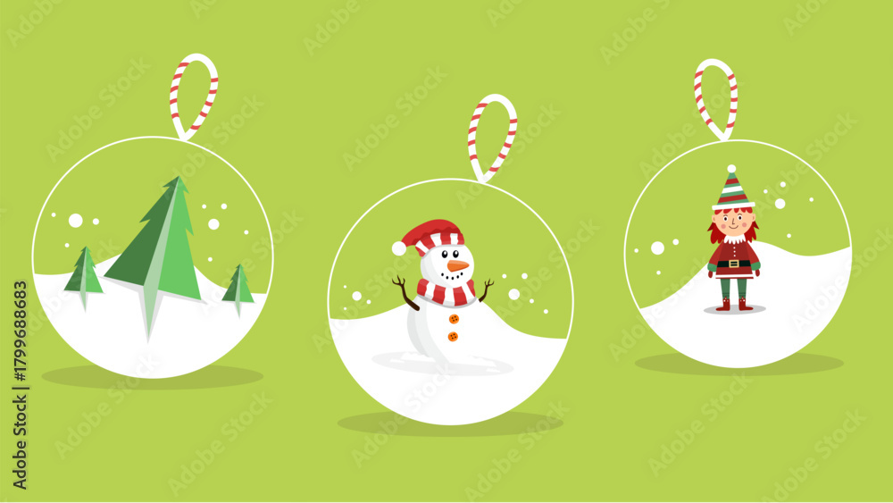 Fototapeta premium Christmas snow globes with tree snowman elf festive holiday decorations