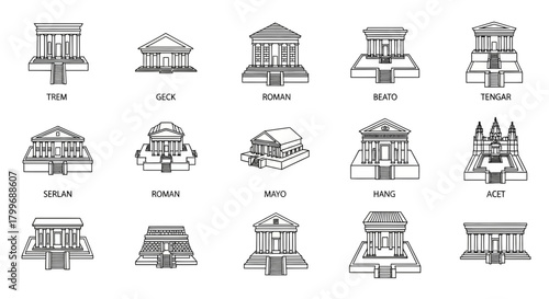 Explore diverse architectural styles showcasing ancient temple designs and historical building structures with elegant line art