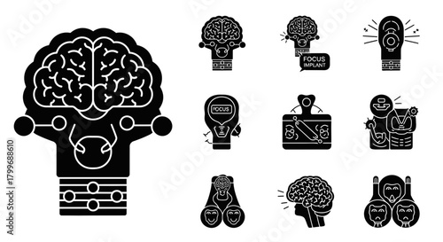 Dynamic brain icons illustrate cognitive concepts like focus, ideas, and innovation, perfect for tech and science projects