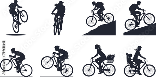 Collection of dark blue silhouettes of people riding bicycles in various poses and settings