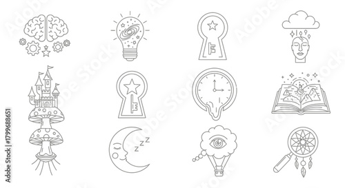 Unlock your imagination with these whimsical icons representing dreams, ideas, and magical adventures for creative projects.