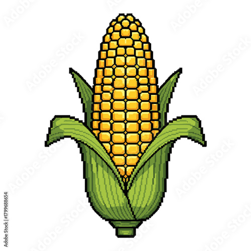 A stylized pixel art illustration of a ripe ear of yellow corn, freshly harvested and ready for consumption or farming
