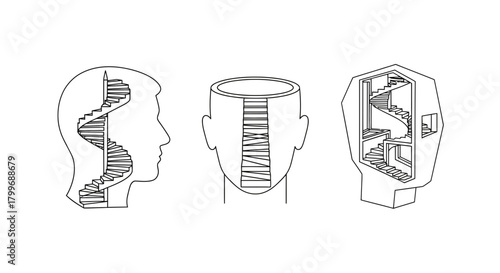 Explore the depths of the mind with intricate staircases representing thought, journey, and discovery within abstract human head outlines.