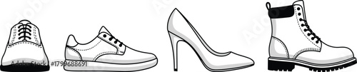 Collection of four black and white footwear illustrations including a sneaker high heel and boot