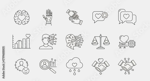 Modern technology and human connection icons symbolizing innovation, AI, collaboration, and empathy in digital age