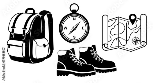 Adventure awaits with this essential hiking gear set featuring a backpack, boots, compass, and map, perfect for any outdoor exploration journey.