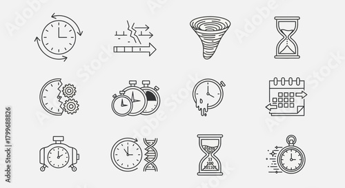Dynamic collection of modern icons illustrating diverse time concepts like deadlines, progress, and urgency for business presentations and projects.
