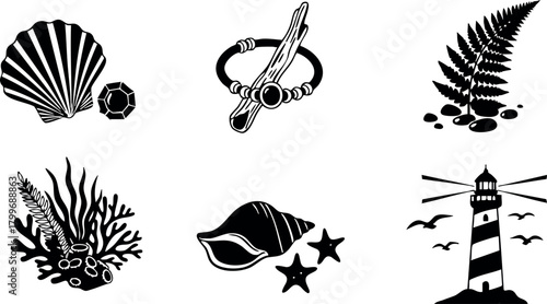 Nautical marine life elements seashells coral starfish lighthouse vector icons black silhouette set