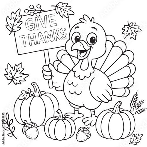A cheerful turkey holding a “GIVE THANKS” sign surrounded by pumpkins, acorns, leaves, and autumn plants  perfect for kids to celebrate Thanksgiving day