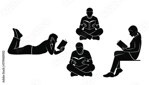 Four black silhouette figures reading books in various poses on white background