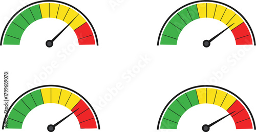 Four Gauge Meters Showing Different Levels Green Yellow Red dial indicator