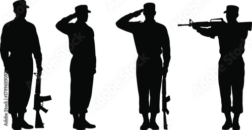 Four Black Silhouettes of Soldiers in Uniforms with Rifles military