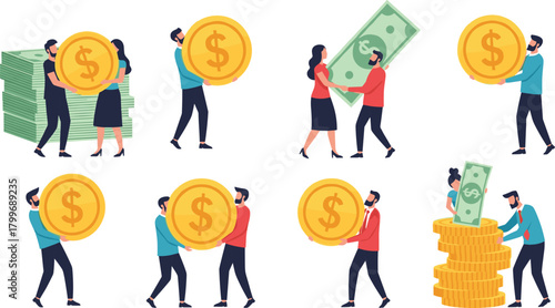 People carrying and stacking gold coins and dollar bills with dollar symbols money