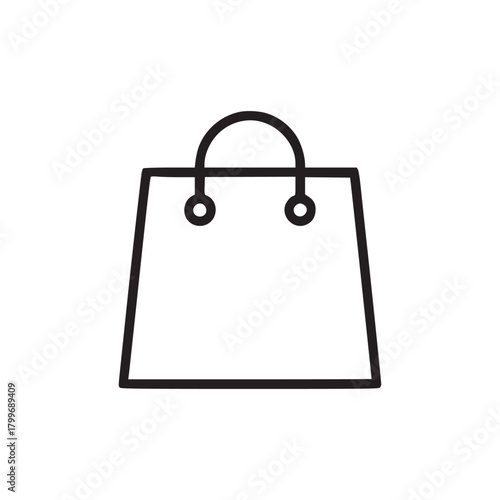 A simple line drawing of a shopping bag with handles on a white background in a minimalist style