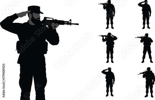 Silhouette soldiers in uniform with rifles saluting and aiming on white background