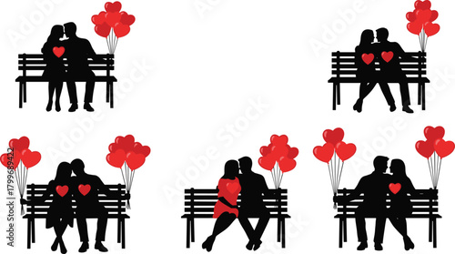 Silhouettes of couples on benches with red heart balloons and hearts vector