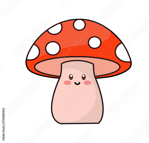 Cute cartoon mushroom with red cap and white spots, smiling cheerfully