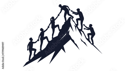 Silhouettes of people climbing a dark mountain peak helping each other vector