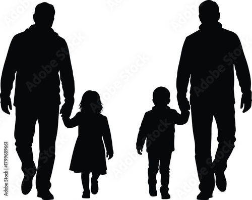 Two black silhouettes of men holding hands with two children walking on a white background