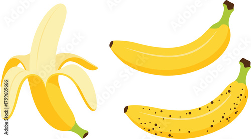 Three yellow bananas one peeled with brown spots on white background fruit