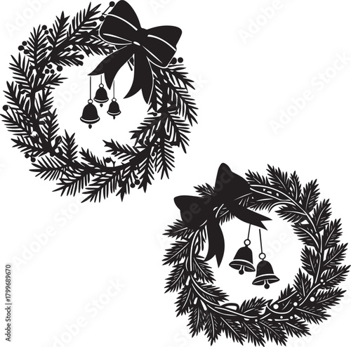 traditional Christmas wreath silhouette, Holiday wreath collection with bows and festive ornaments , a bow at the top, and a larger bow at the bottom. 