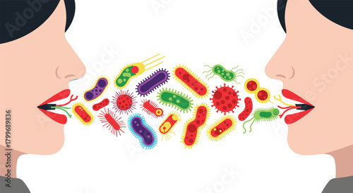 Two faces with mouths open spewing colorful cartoon bacteria and viruses germ microbe