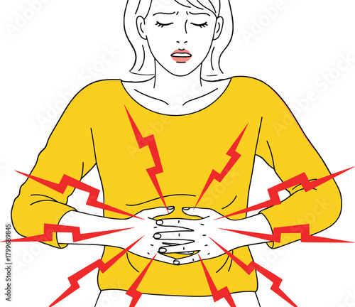 Woman clutching stomach in pain with red lightning bolt graphics stomach pain abdominal pain