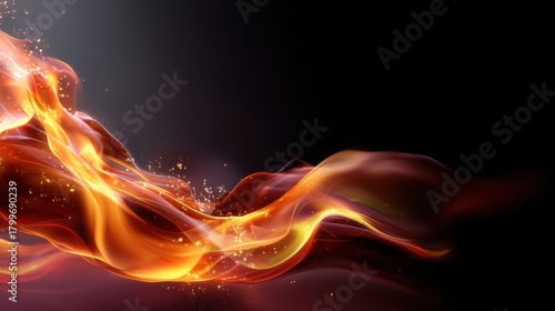 Elegant flame curves forming abstract shapes in darkness, subtle spark details adding depth to vibrant fire tones