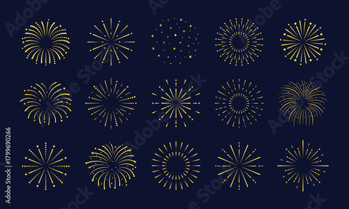 Fireworks explosions. exploding fireworks icons isolated on dark background. Design element for 4th July, New Year, Chinese new year. Vector illustration