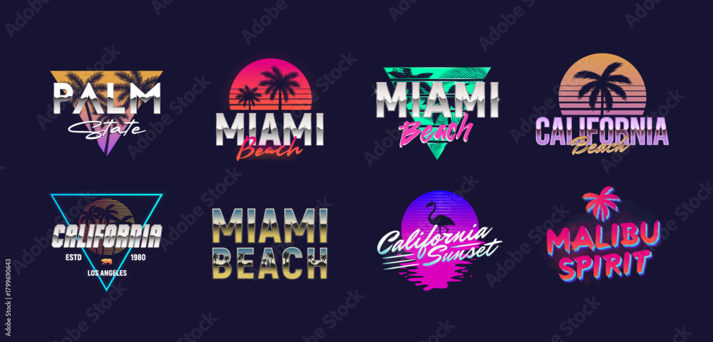 Fototapeta premium Retro neon logos set. Beach related signs, badges. California, Miami beach logo templates with palms silhouettes. Print for t-shirt. Vector illustration