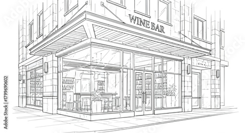 Corner architectural storefront sketch of a wine shop featuring angled facade, wide glazing, signage band, and traditional urban commercial character.