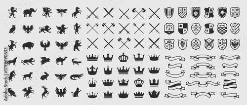 Heraldic elements set. Heraldic Animals, shields logos, retro ribbons, crown and swords icons. Heraldic elements silhouettes. Vector illustration