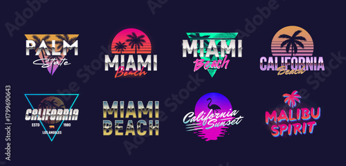 Retro neon logos set. Beach related signs, badges. California, Miami beach logo templates with palms silhouettes. Print for t-shirt. Vector illustration