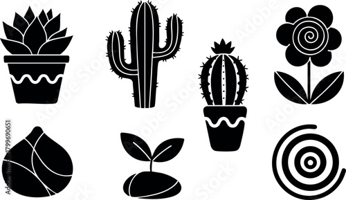 Black silhouette cactus succulent flower and seed vector icons with minimalistic design and natural plant elements