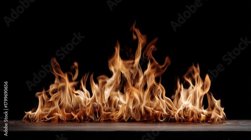 Wide panoramic flame pattern burning powerfully on black, rich textures and dynamic movement capturing raw energy