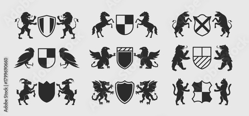 Coat of Arms logo templates with standing animals. Heraldic, Crest templates. Lion, Griffin, Goat, Horse, Bull, Cat, Bear, Goat, Dragon icons. Vector illustration